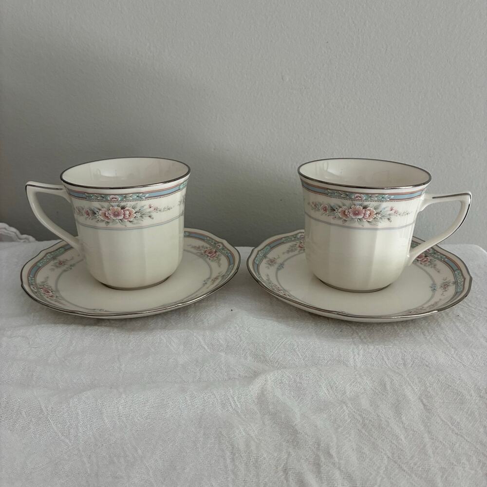 Noritake Rothschild Tea Cups And Saucers Set Vintage Ivory China Japan Floral
